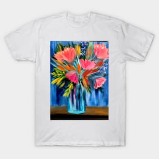 A lovely boutique of abstract vibrant bright colorful  flowers in a tall turquoise glass vase T-Shirt